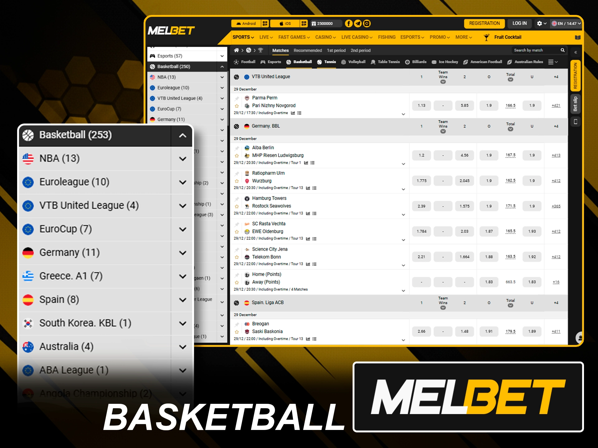 Extensive basketball betting lines for top leagues on Melbet.