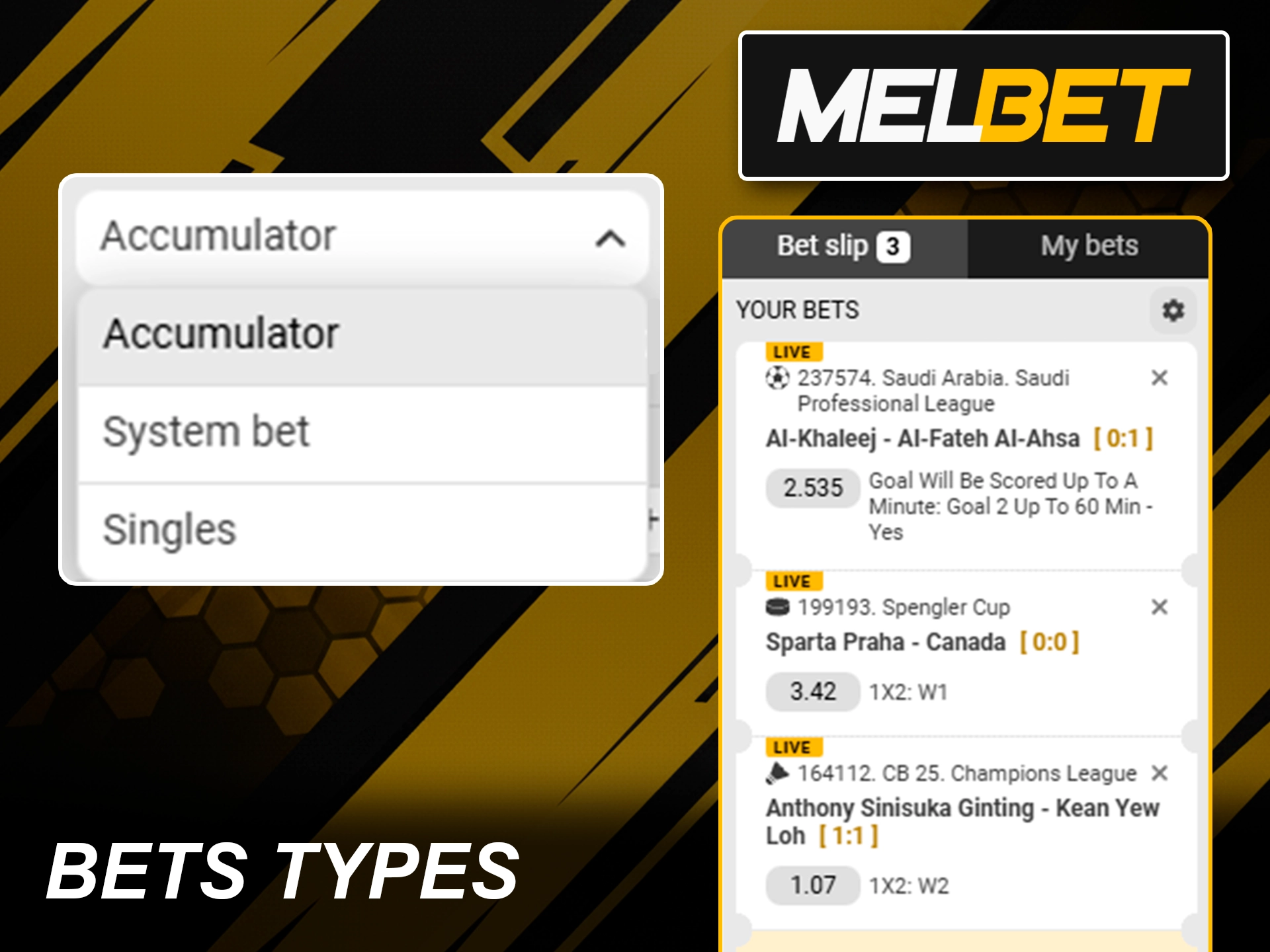 Various betting types and options offered by Melbet sportsbook.