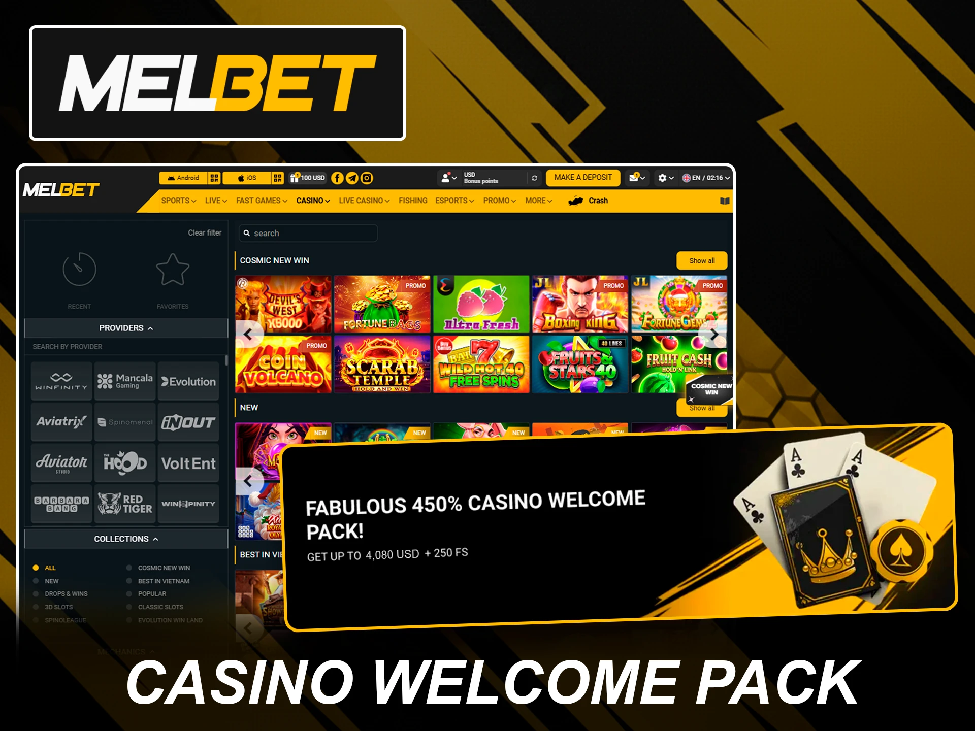 Melbet massive casino welcome package with bonus and free spins.