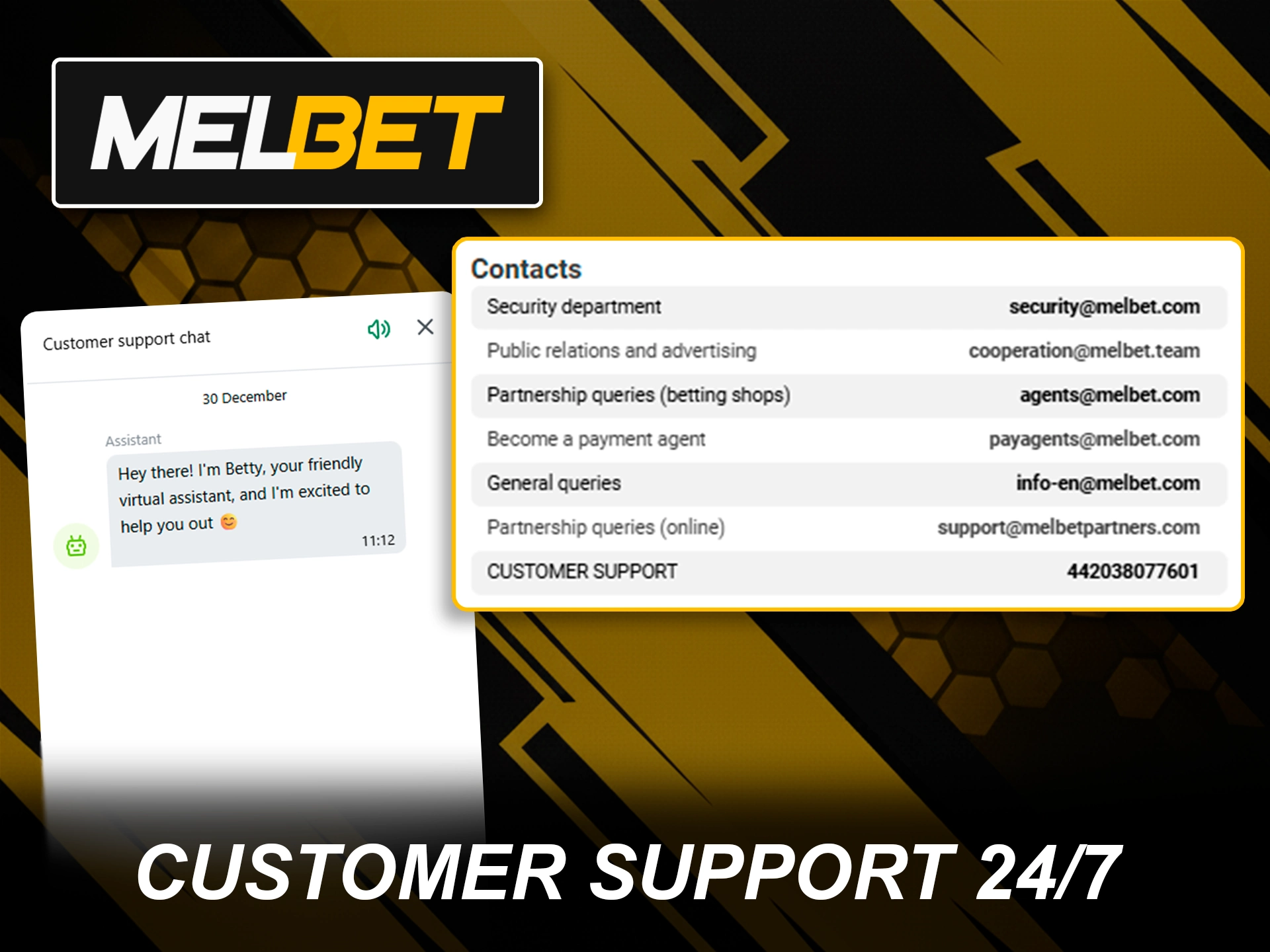 Melbet 24/7 customer support service for player assistance.