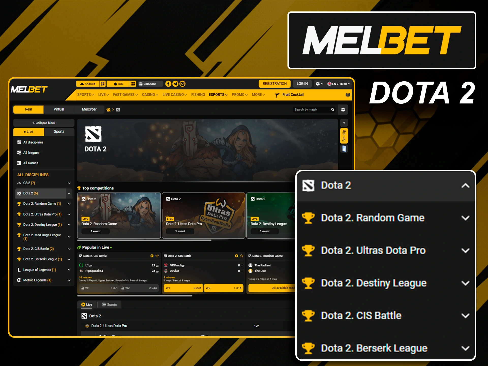 Competitive Dota 2 match betting and live odds on Melbet.