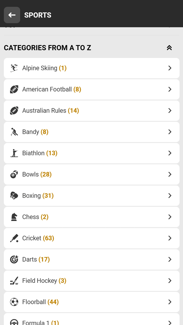 Selecting your preferred sports discipline from the Melbet sportsbook.