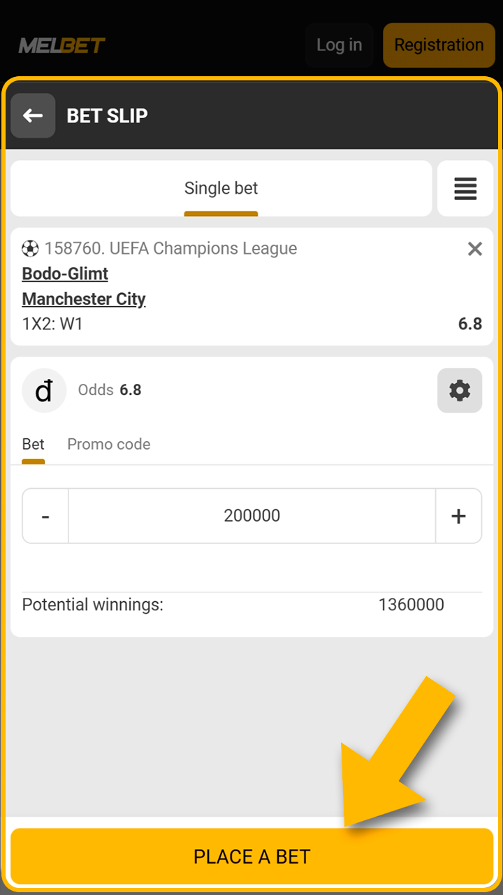 Entering the bet amount and confirming the Melbet bet slip.