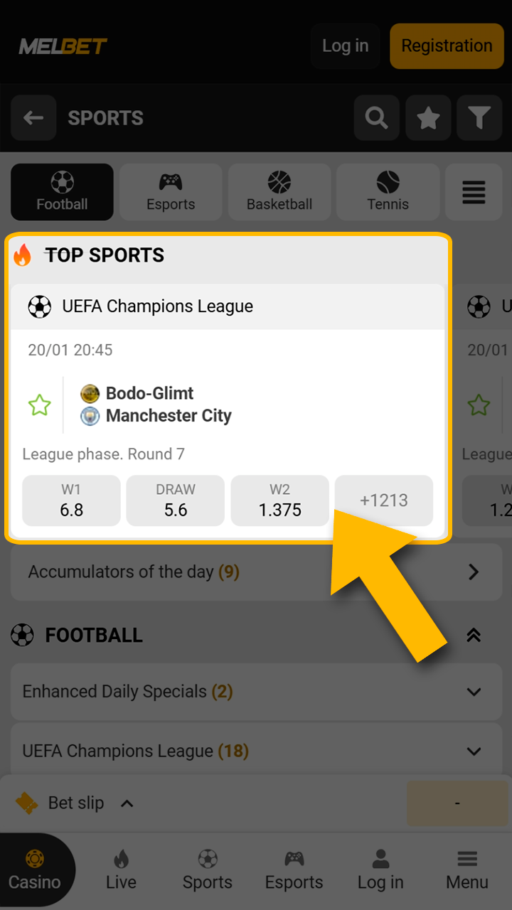 Browsing available events to select a specific Melbet match.