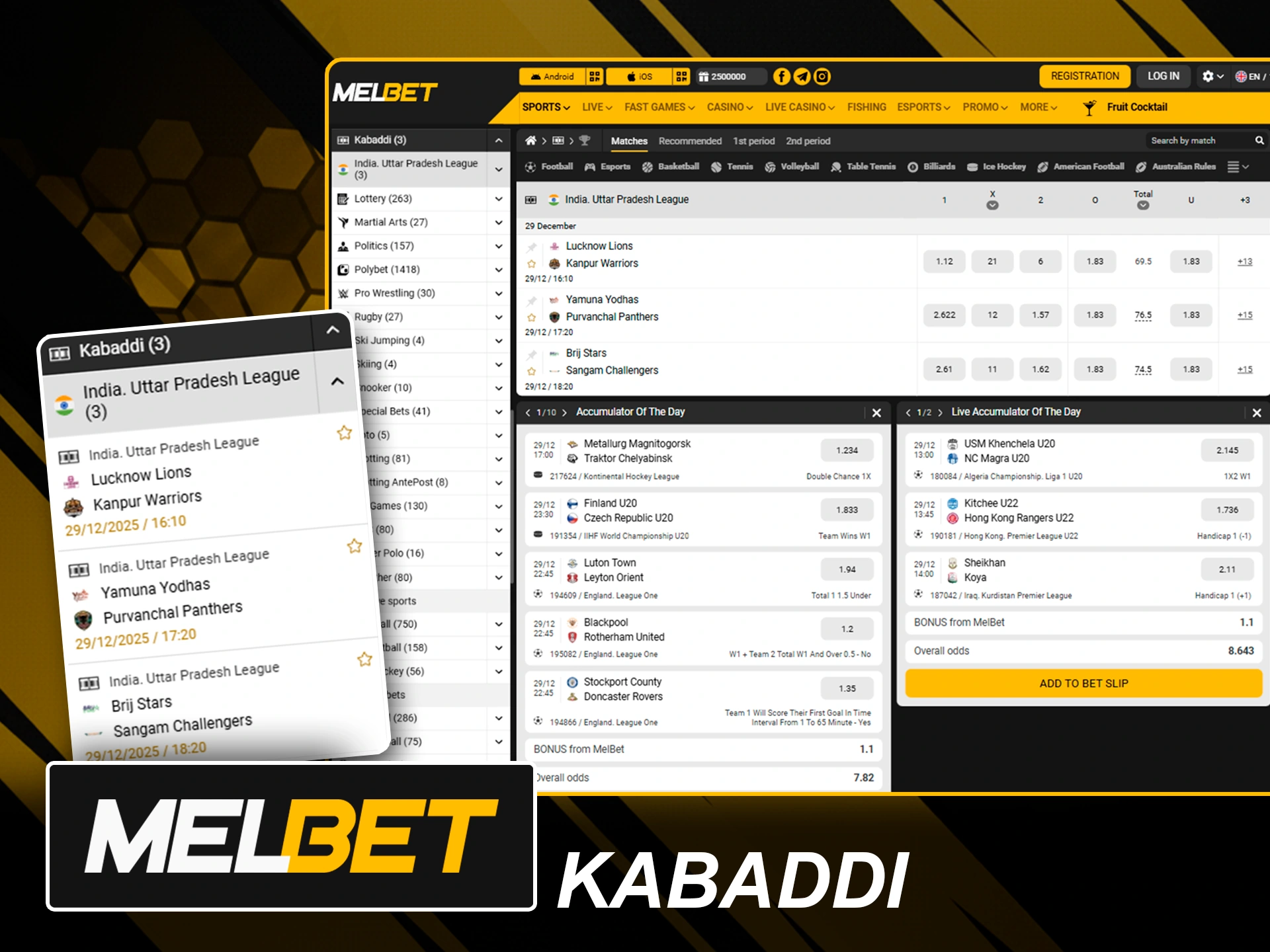 Live and pre-match Kabaddi betting options on Melbet.