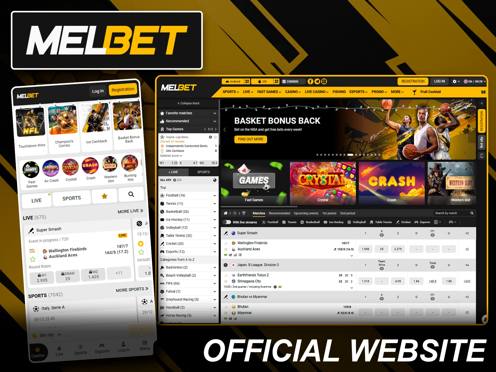 Interface of the Melbet official website for betting and casino.