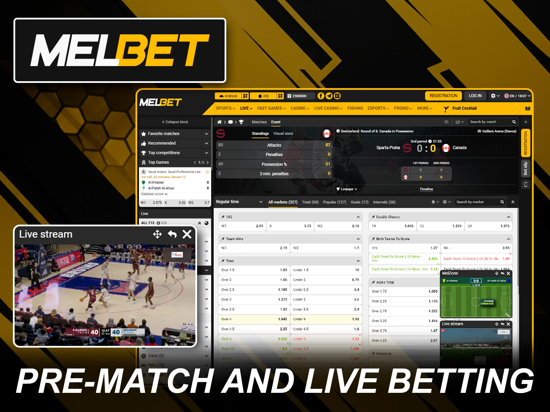 Melbet interface for pre-match and real-time live sports betting.