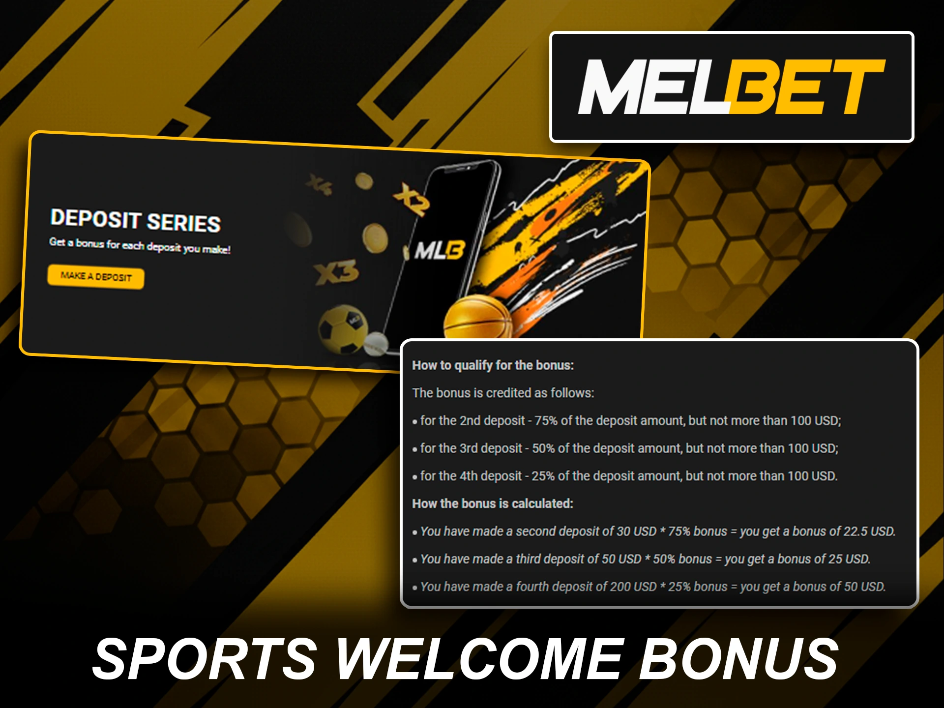 Melbet 150% first deposit bonus for sports betting fans.