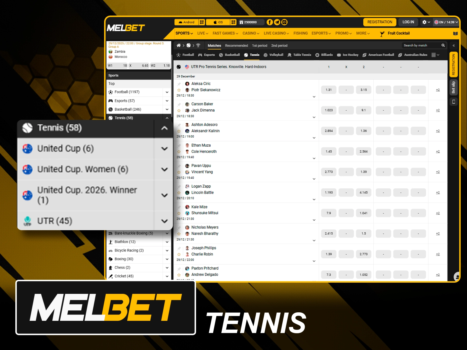 Betting on professional tennis matches and tournaments at Melbet.
